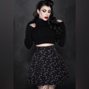 High-Waist Black Circle Skater Skirt with Crescent Moon Print